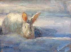 bunny rabbit in snow oil painting