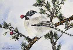 chickadee bird in snow christmas painting